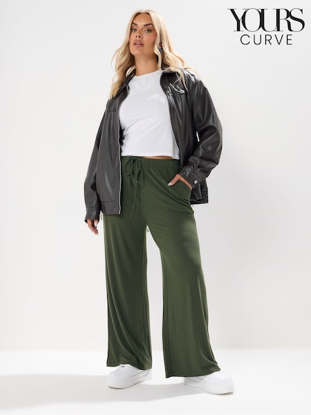 Yours Curve Green Wide Leg Ribbed Pull On Trousers (Y01440) | £27
