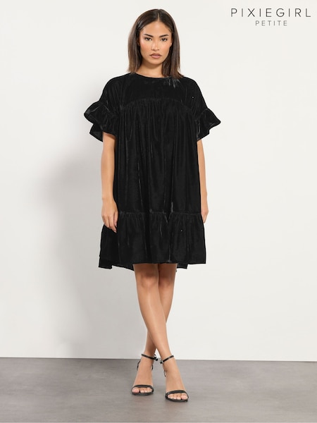 PixieGirl Petite Black Velvet Frilled Smock Dress (Y01488) | £35