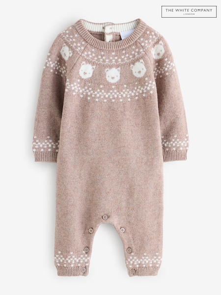 The White Company Cotton Blend Bear Fairisle Knitted Brown Romper (Y01836) | £40