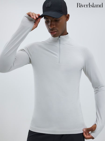 River Island Grey Muscle Fit Quarter Zip Long Sleeve T-Shirt (Y01871) | £22