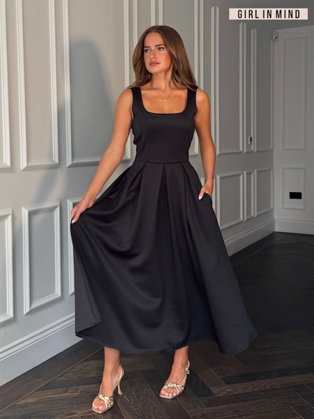 Girl In Mind Black Erica Square Neck Pleated Midi Dress (Y02036) | £52