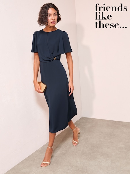 Friends Like These Navy Tulip Sleeve Wrap Front Tailored Dress (Y02085) | £49