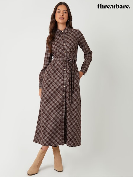 Threadbare Brown Check Belted Midi Shirt Dress (Y02383) | £42
