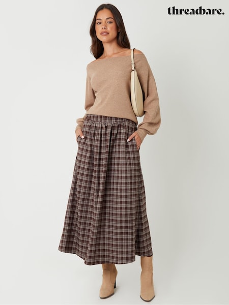 Threadbare Brown Check Pull On Midaxi Skirt (Y02390) | £32