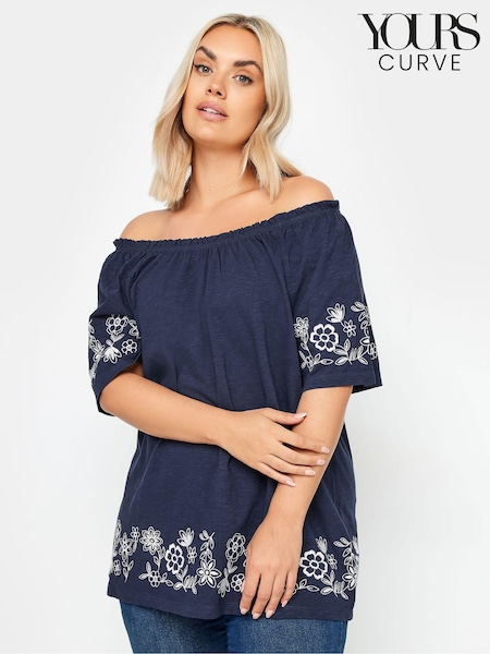 Yours Curve Blue 100% Cotton Embroidered Detail Bardot Top (Y02558) | £26