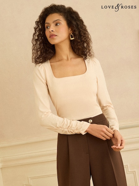 Love & Roses Cream Ruched Square Neck Long Sleeve Jersey Top (Y02608) | £19