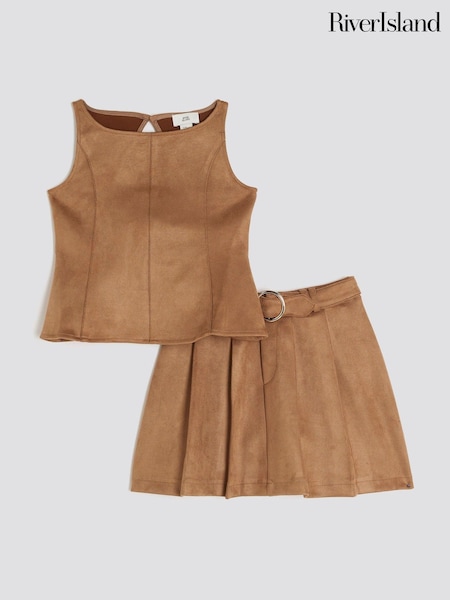 River Island Brown Suedette Peplum Top and Skirt (Y02618) | £36