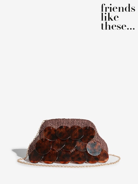 Friends Like These Chocolate Brown Acrylic Disc Raffia Clutch Bag (Y02624) | £35