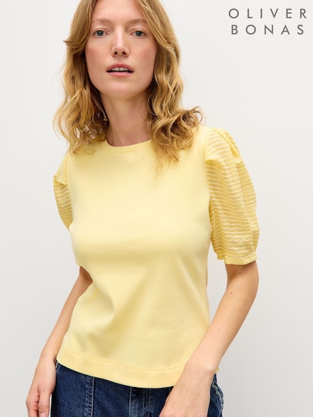 Oliver Bonas Yellow Ribbed Puff Sleeve Top (Y02633) | £42