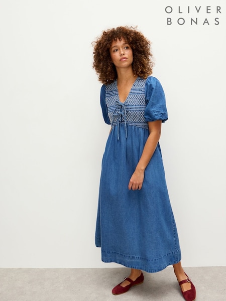 Oliver Bonas Blue Denim Tie Front Puff Sleeve Midi Dress (Y02637) | £85