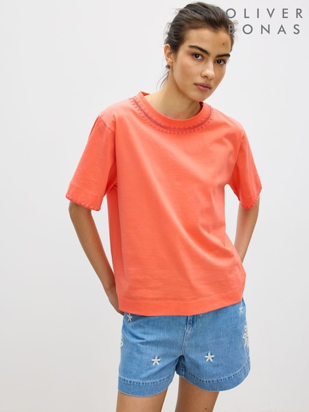 Oliver Bonas Orange Crochet Trim T-Shirt (Y02638) | £38