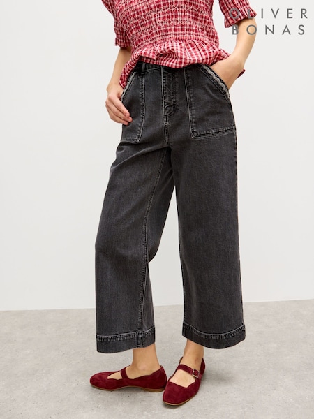 Oliver Bonas Black Denim Scallop Stitch Cropped Wide Leg Jeans (Y02644) | £70