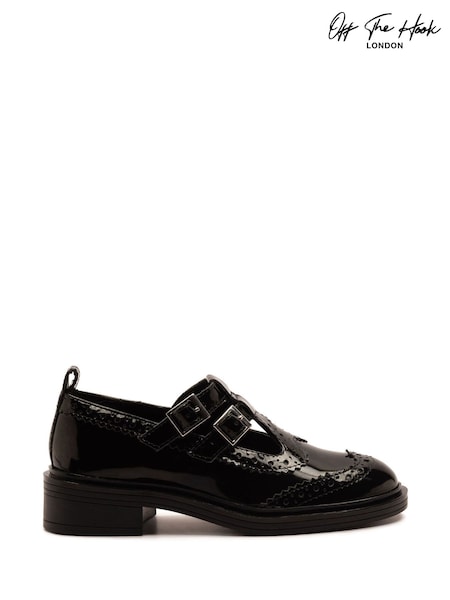 Off The Hook Black Holly Leather T-Bar Mary Jane Brogue School Shoes (Y02746) | £35