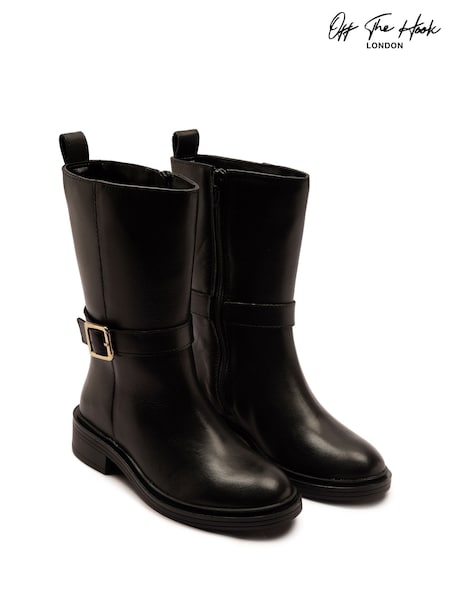 Black - Off The Hook Steele Leather Buckle Detail Mid-calf Boots