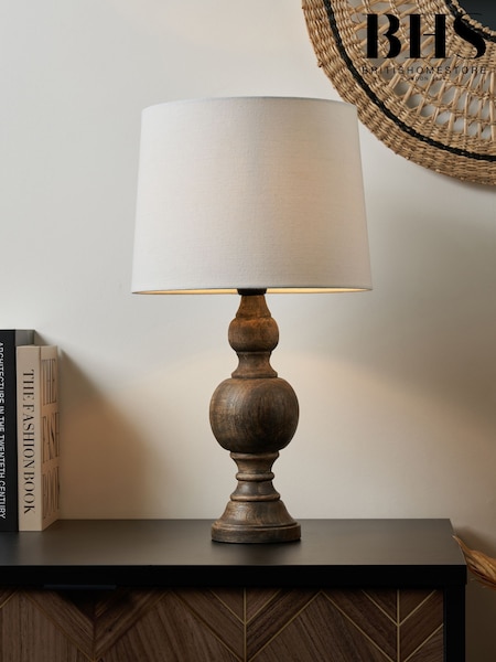 BHS Grey Henlock Wooden Table Lamp with Shade (Y02966) | £65