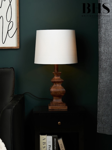 BHS Walnut Henlock Wooden Table Lamp with Shade (Y02971) | £65