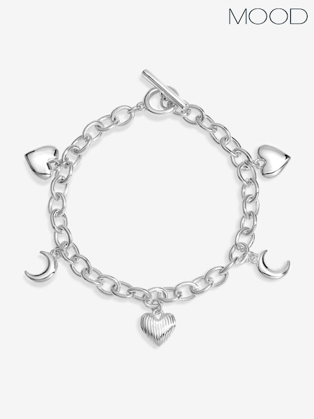 Mood Silver Plated Ridged Heart and Moon Charm Bracelet (Y03106) | £17