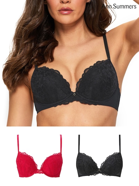 Ann Summers Black/Red Pad Plunge 2 Pack Sexy Lace Underwired Bras (Y03224) | £30