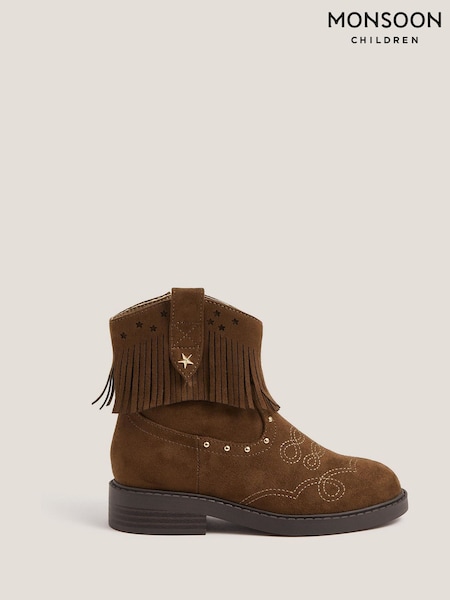 Monsoon Brown Fringe Suedette Cowboy Boots (Y03467) | £39 - £43