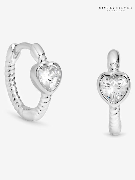 Simply Silver Silver Polished Cubic Zirconia Centre Heart Hoop Earrings (Y03774) | £25