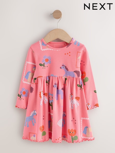 Pink Unicorn Long Sleeve Ribbed Dress (3mths-7yrs) (Y03857) | £7 - £9