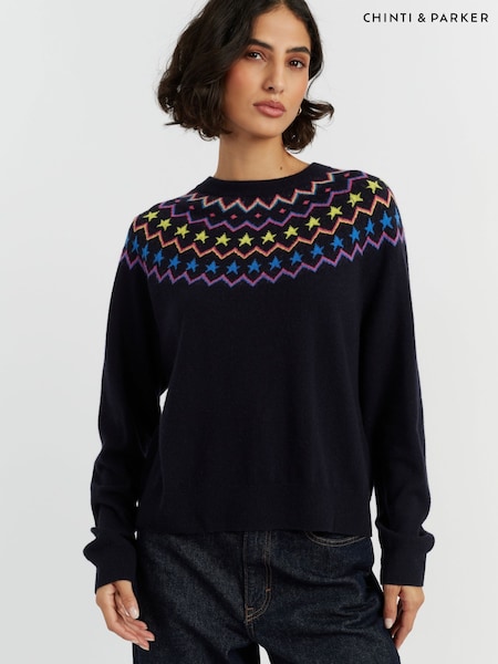Chinti & Parker Blue Wool Cashmere Star Yoke Fair Isle Sweater (Y03886) | £125