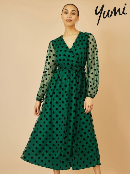 Yumi Green Spot Mesh Wrap Midi Skater Dress (Y03968) | £70