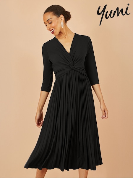 Yumi Black Jersey Knot Waist Pleated Midi Dress (Y03969) | £70