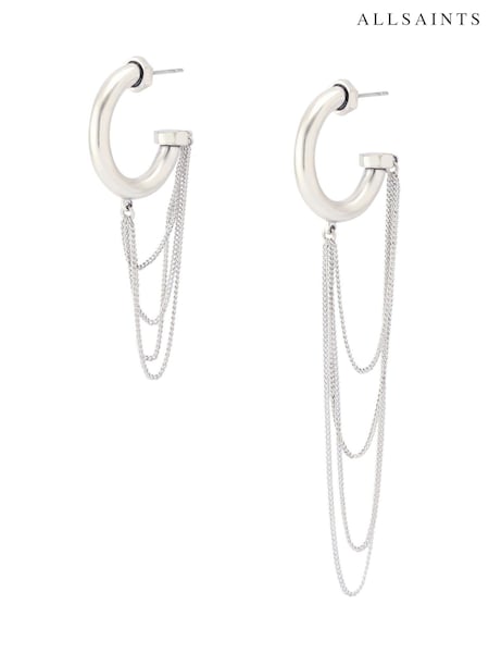 AllSaints Silver Tone Bolt Swag Chain Hoop Asymmetrical Earrings (Y03979) | £59