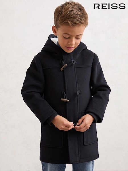 Reiss Navy Blue Osmund 9-13 yrs Wool-Blend Hooded Duffle Coat (Y04193) | £128