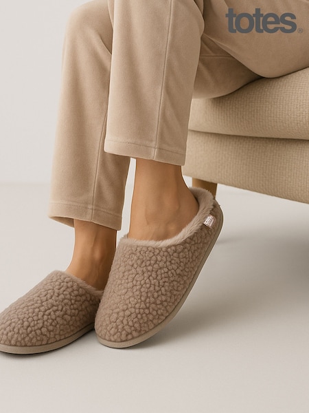 Totes Brown Isotoner Ladies Borg Swept Back Mules (Y04239) | £26