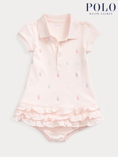 Polo Ralph Lauren Pink Baby All-Over-Pony Print Polo Ruffle Dress Romper (Y04527) | £85