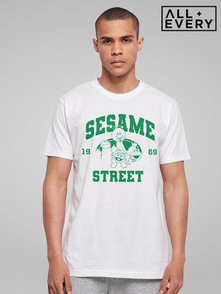 All + Every White Sesame Street Green College Sports 1969 Mens T-Shirt (Y04639) | £25