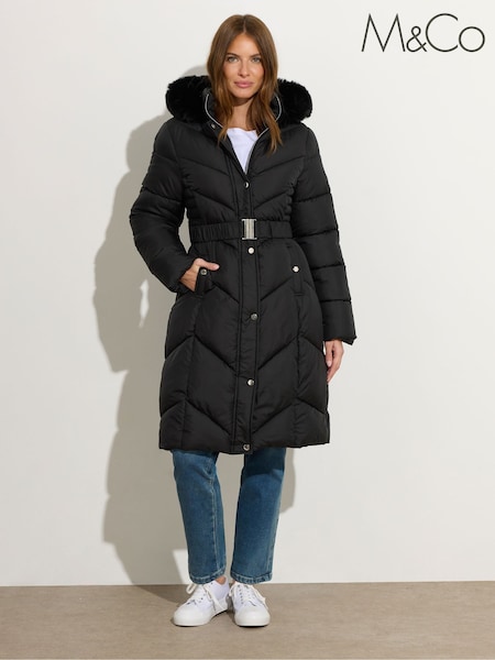 M&Co Black Glam Belted Padded Midi Coat (Y04901) | £80