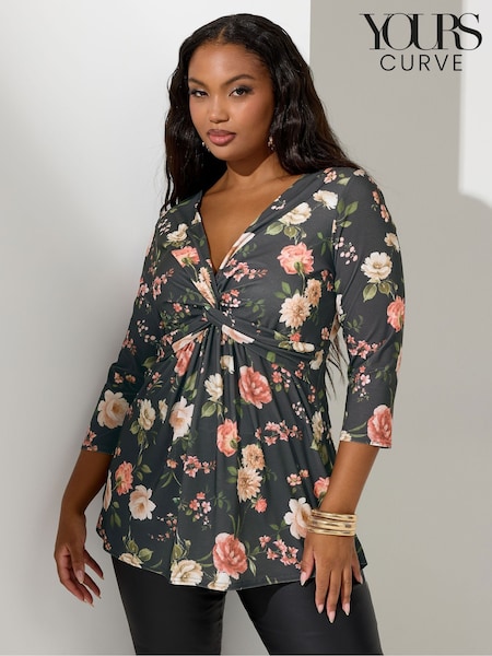 Yours Curve Black London Floral Knot Front Top (Y04902) | £36