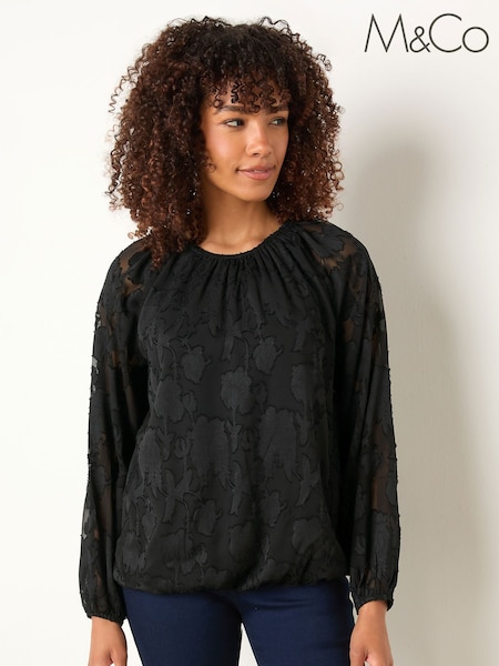 M&Co Black Jacquard Crew Neck Blouse (Y04904) | £33