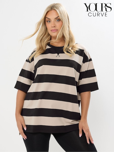 Yours Curve Black Heavyweight Ribbed Mix T-Shirt (Y04919) | £22