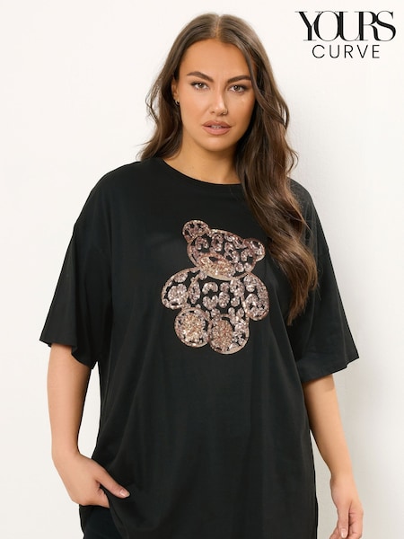 Yours Curve Black Relaxed Sequin T-Shirt (Y04945) | £20