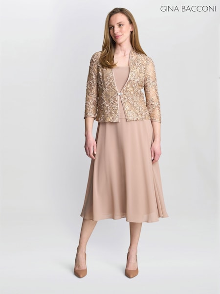 Gina Bacconi Adele Soutache Lace Jacket With Chiffon Brown Dress (Y05184) | £350