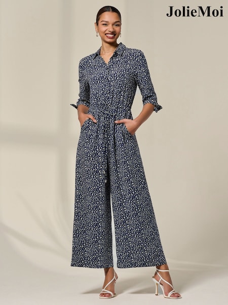 Jolie Moi Blue Tie Half Sleeve Wide Leg Jumpsuit (Y05256) | £77