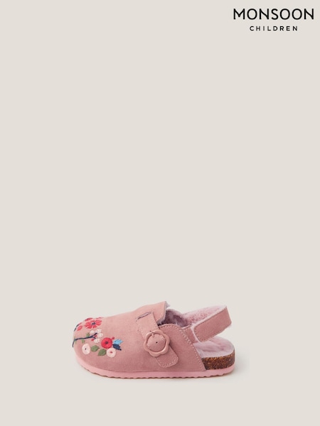 Monsoon Pink Faux Fur Floral Embroidered Clogs (Y05409) | £26 - £30