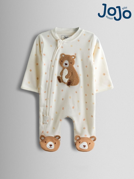 JoJo Maman Bébé Cream Bear Appliqué Zip Sleepsuit (Y05651) | £22