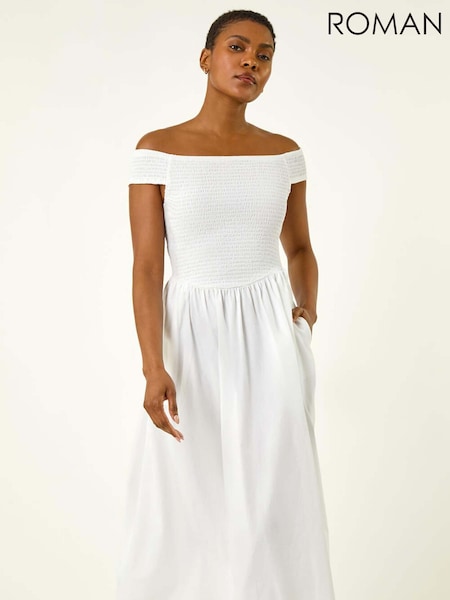Roman White Plain Shirred Midi Dress (Y05652) | £48