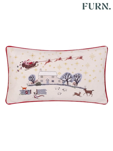 Furn Cream Burgundy Cotswold Christmas Piped Velvet Cushion (Y06065) | £18