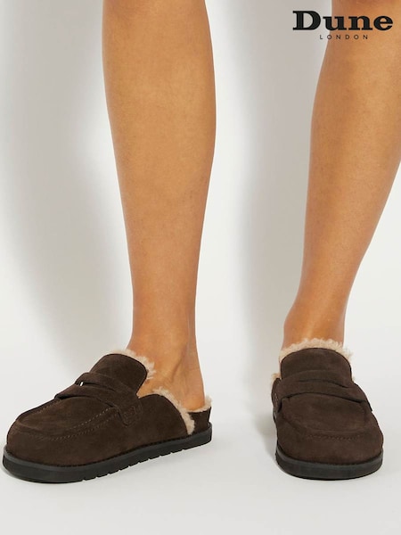 Dune London Brown Goldy Shearling Lined Backless Loafers (Y06271) | £99