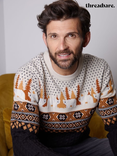Threadbare Black Cable Knit Fairisle Pattern Christmas Jumper (Y06324) | £22