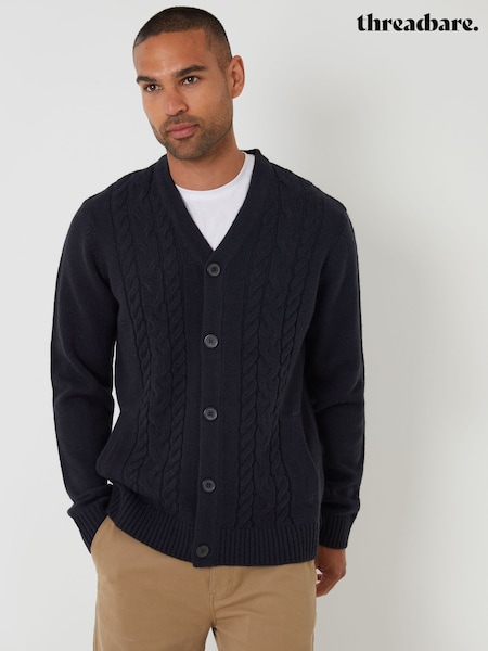 Threadbare Blue Cable Knit Detail V-Neck Cardigan (Y06339) | £30