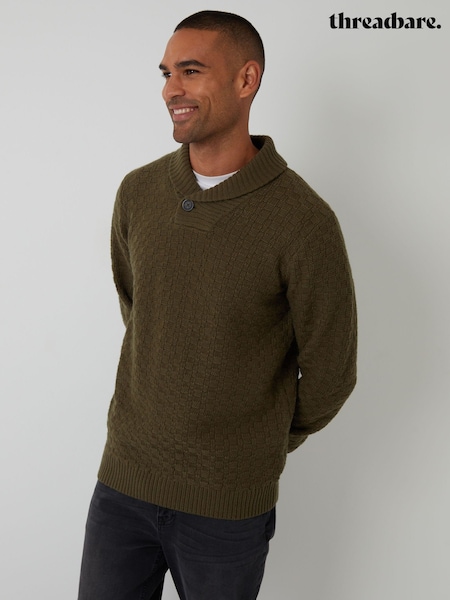 Threadbare Green Basket Stitch Knitted Shawl Neck Jumper (Y06346) | £32