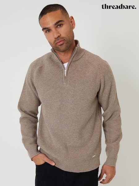 Threadbare Brown Rib Panel Quarter Zip Knitted Jumper (Y06357) | £28