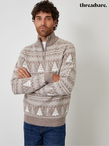 Threadbare Brown Fairisle Quarter Zip Jumper (Y06371) | £26